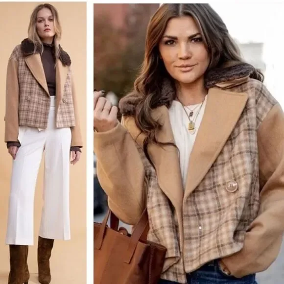 NWT Rachel Parcell Camel Plaid Cropped Coat Polyester Wool Blend Size XS - Picture 1 of 12